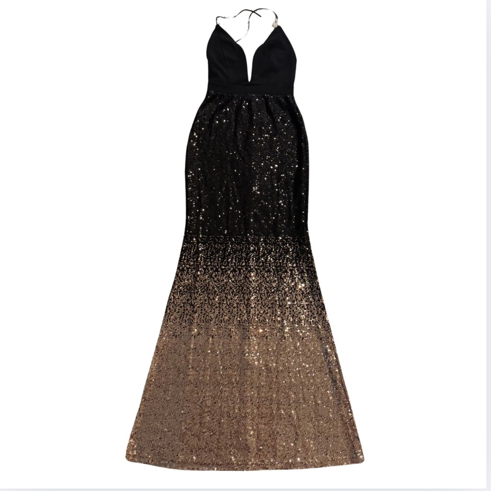 Symphony Elegant Black and Gold Sequin Evening Gown. Backless, Size Small.
